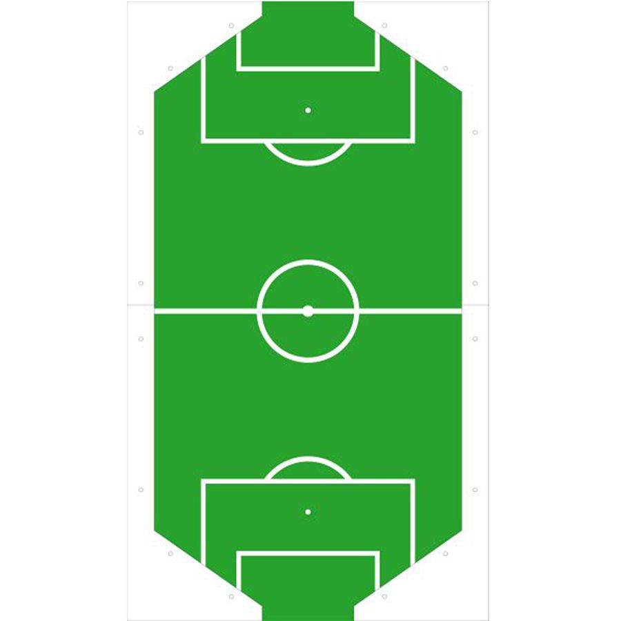 Grünes Fußballfeld von oben mit Markierungen, Mittellinie, Mittelkreis, Strafräumen und Torbereichen, rechteckige Form.