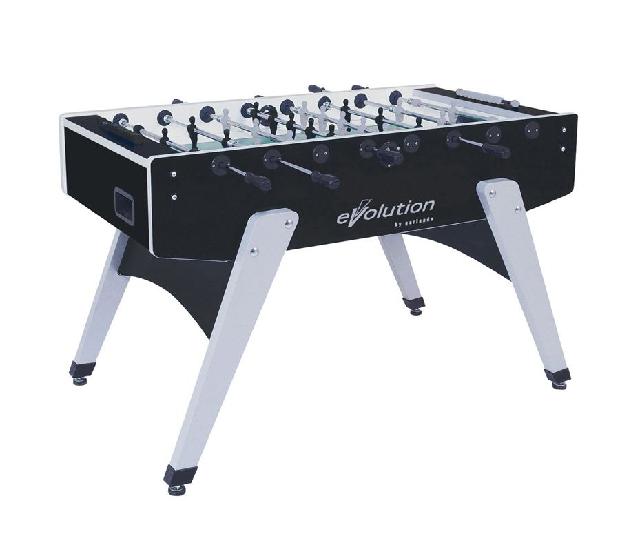 Schwarzer Kickertisch mit silbernen Beinen und Spielfiguren, Modell "Evolution" von Garlando.