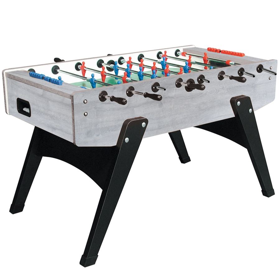 Moderner Kickertisch mit hellgrauer Spielfläche und schwarzen Beinen, ausgestattet mit roten und blauen Spielfiguren.