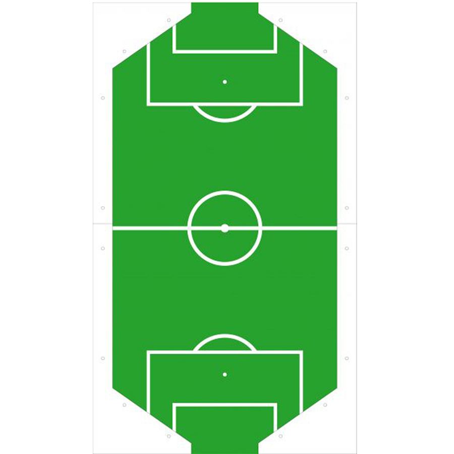 Grüne Taktiktafel mit weißem Fußballfeld, inklusive Mittelkreis, Strafräumen und Toren, Draufsicht auf das gesamte Spielfeld.