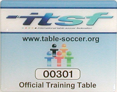 ITSF-Logo mit Website-Link und bunter Tischfußball-Grafik, darunter die Nummer 00301 und der Text "Official Training Table".