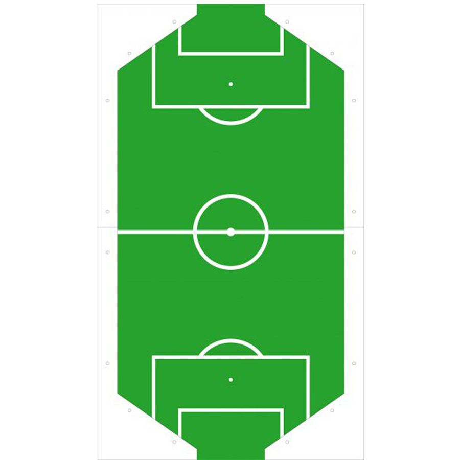 Grafische Darstellung eines Fußballfelds von oben mit Spielfeldmarkierungen, Mittelkreis, Strafräumen und Toren auf grünem Hintergrund.