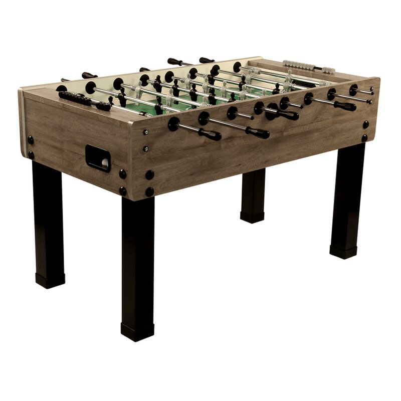 Tischkicker mit Holzoptik und schwarzen Beinen, ausgestattet mit mehreren Spielstangen und Zählwerk.