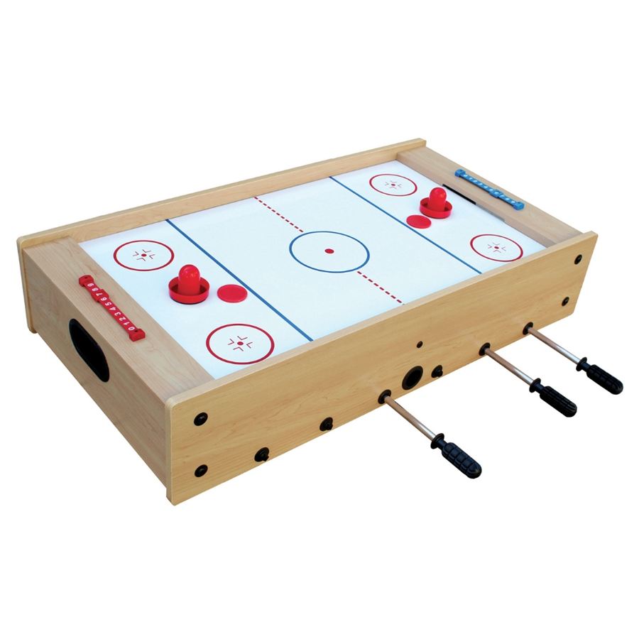 Tischspiel mit Holzrahmen, kombiniert Airhockey und Tischfußball, mit roten und blauen Spielteilen und integrierter Toranzeige.
